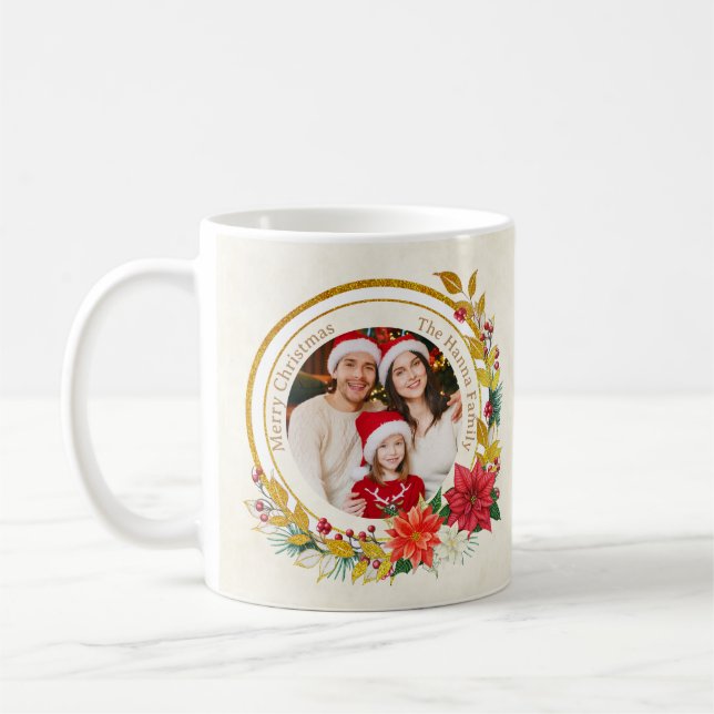Christmas Photo - Gold Glitter Wreath Family Coffee Mug (Left)