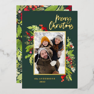 Christmas Photo green foliage elegant modern Foil Holiday Card