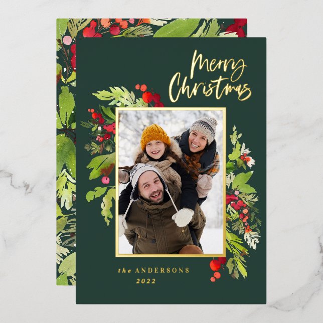  Christmas Photo green foliage elegant modern Foil Holiday Card (Front/Back)