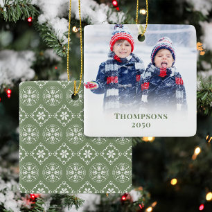Christmas Photo Green Pattern Personalised Ceramic Ornament