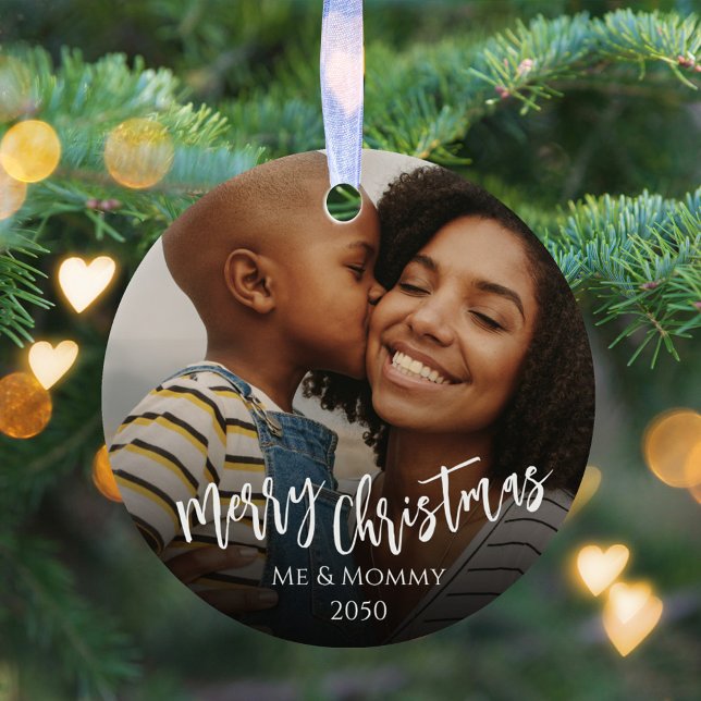 Christmas Photo Green Snowflakes Custom Ceramic Tree Decoration (Merry Christmas holiday photo ornament with stylish calligraphy script.)