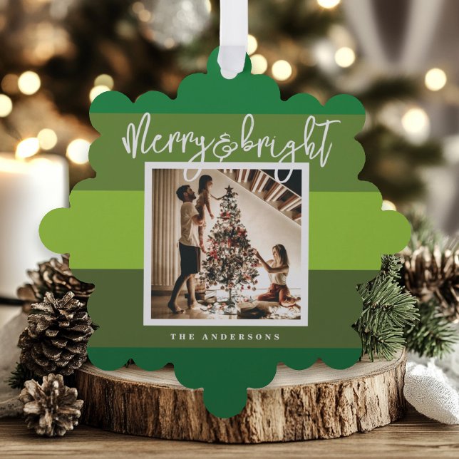 Christmas Photo Green Stripes Holiday Tree Decoration Card (Creator Uploaded)