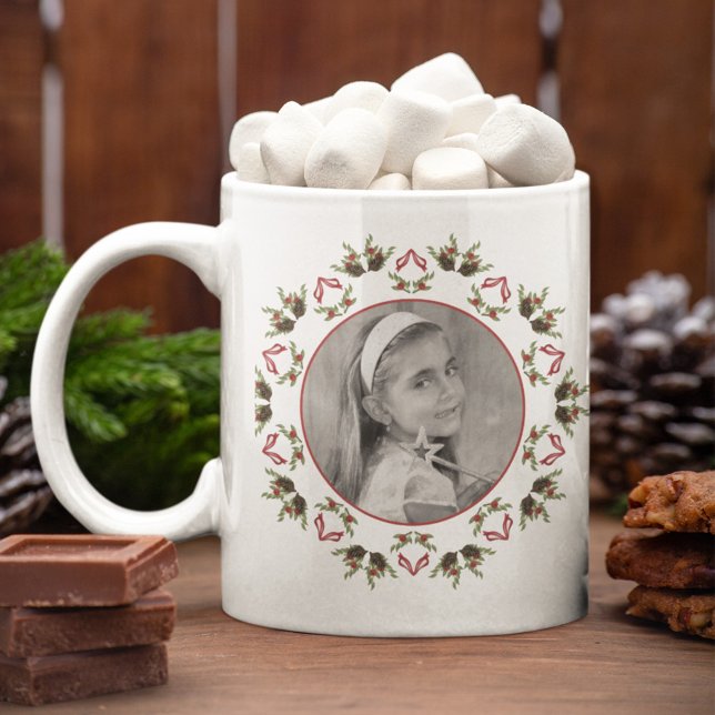 Christmas Photo Greenery Foliage Large Coffee Mug (Elegant Christmas red and green photo mug)