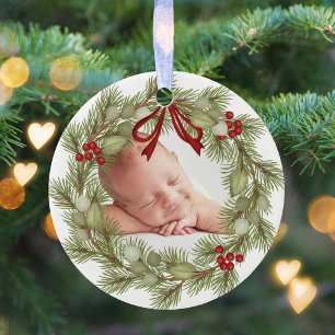 Christmas Photo Greenery Wreath Holly Berries  Ceramic Tree Decoration
