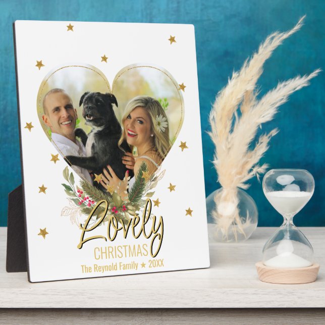 Christmas Photo Heart Lovely Gold Glitter Stars Plaque (Side)