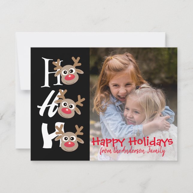 Christmas Photo Ho Ho Ho Cartoon Reindeer Black Holiday Card (Front)