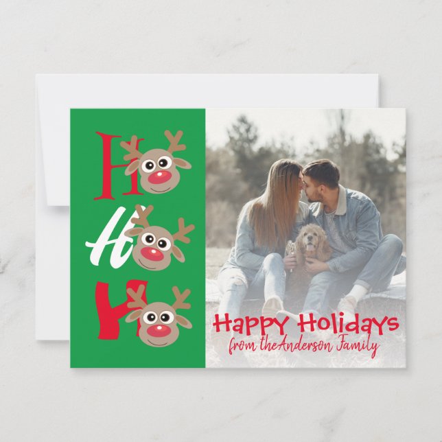 Christmas Photo Ho Ho Ho Cartoon Reindeer Green Holiday Card (Front)