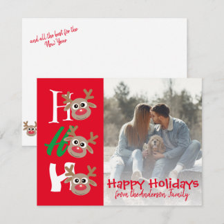 Christmas Photo Ho Ho Ho Cartoon Reindeer Red Holiday Card