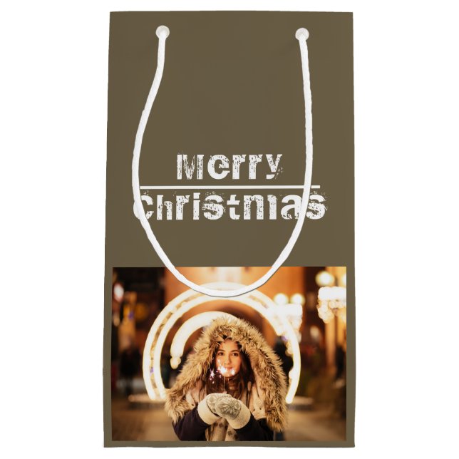 Christmas Photo Holiday Modern Grey Small Gift Bag (Front)