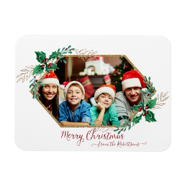 Christmas Photo Holly Berry Gold Glitter Script Magnet (Horizontal)