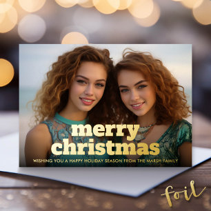 Christmas Photo horizontal Merry Christmas Plaid Foil Holiday Card