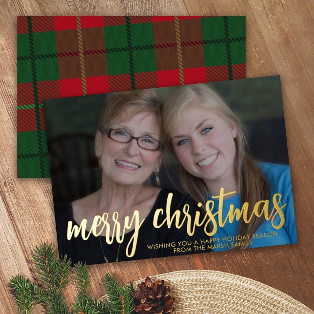 Christmas Photo horizontal Merry Christmas Plaid Foil Holiday Card (Creator Uploaded)