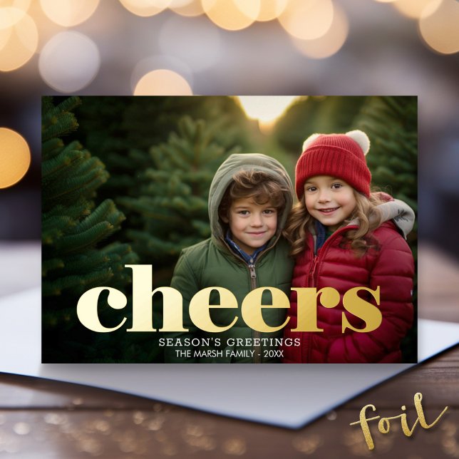 Christmas Photo Horizontal Script Gold cheers Foil Holiday Card (Gold Foil Christmas Photo Card - Modern Holiday Greeting)