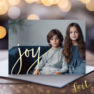 Christmas Photo Horizontal Script Gold JOY navy Foil Holiday Card