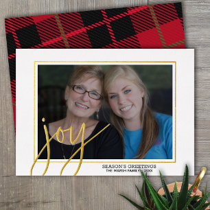 Christmas Photo Horizontal Script Gold JOY plaid Foil Holiday Card