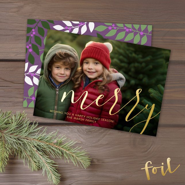 Christmas Photo - horizontal with Gold MERRY Foil Holiday Card (A modern, whimsical Christmas card with 1 Photo and a modern script - gold foil)