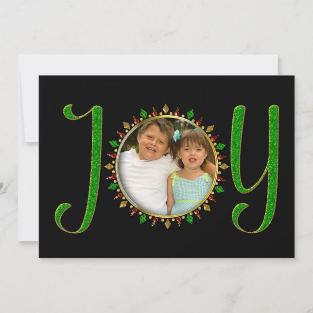 Christmas, Photo Insert, JOY Green Faux Jewels, Invitation (Front)