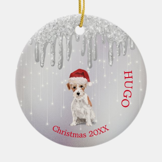 Christmas Photo Jack Russell Dog Santa Hat Ceramic Tree Decoration (Front)