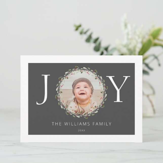 Christmas photo joy watercolor wreath charcoal  (Standing Front)