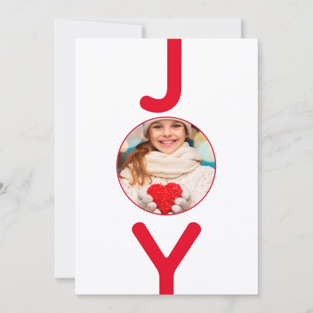 Christmas photo joy white red modern script card (Front)