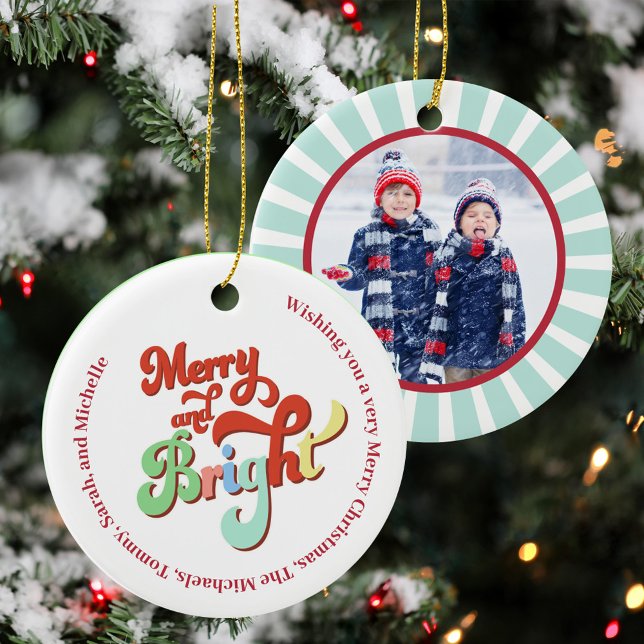 Christmas Photo Merry and Bright Custom Ceramic Tree Decoration (Merry and Bright colorful retro style photo ornaments. )