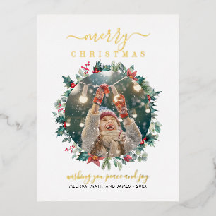 Christmas Photo Mistletoe Berries Modern Gold Foil Holiday Postcard