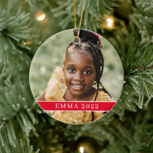 Christmas Photo Modern Minimal Red Stripe Ceramic Ceramic Tree Decoration