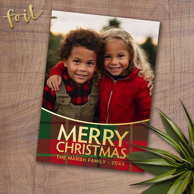 Christmas Photo - Modern Red Green Plaid - Gold Foil Holiday Card (Photo Christmas Card with Gold Foil Accent - Modern Merry Christmas)