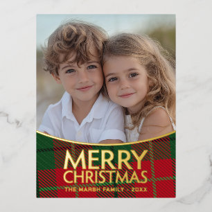 Christmas Photo - Modern Red Green Plaid - Gold Foil Holiday Postcard