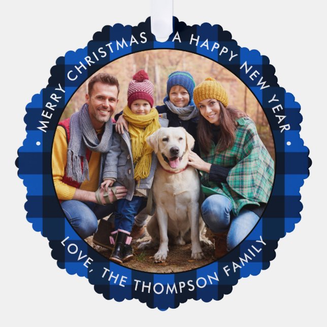 Christmas Photo Modern Round Blue Buffalo Plaid  Tree Decoration Card (Front)
