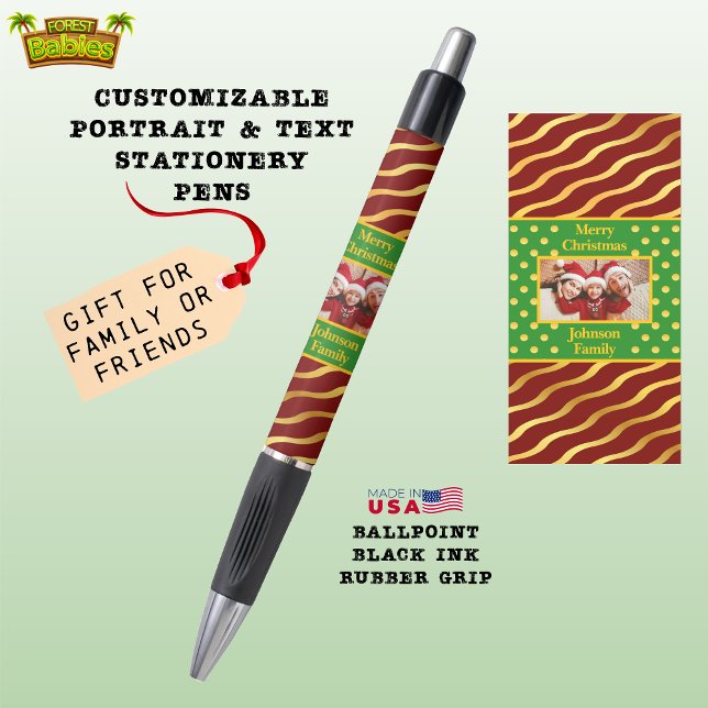 Christmas Photo Name Gifting Xmas Red Green 🎁 (Festive Christmas Family Photo Stationery Gift, Xmas Holiday Red & Gold ForestBabies Ink Pen 🎁)