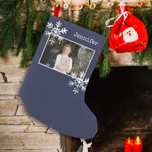 Christmas Photo Navy Blue Distressed Snowflakes Small Christmas Stocking