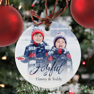 Christmas Photo Navy Blue Snowflake Joyful Script Ceramic Tree Decoration