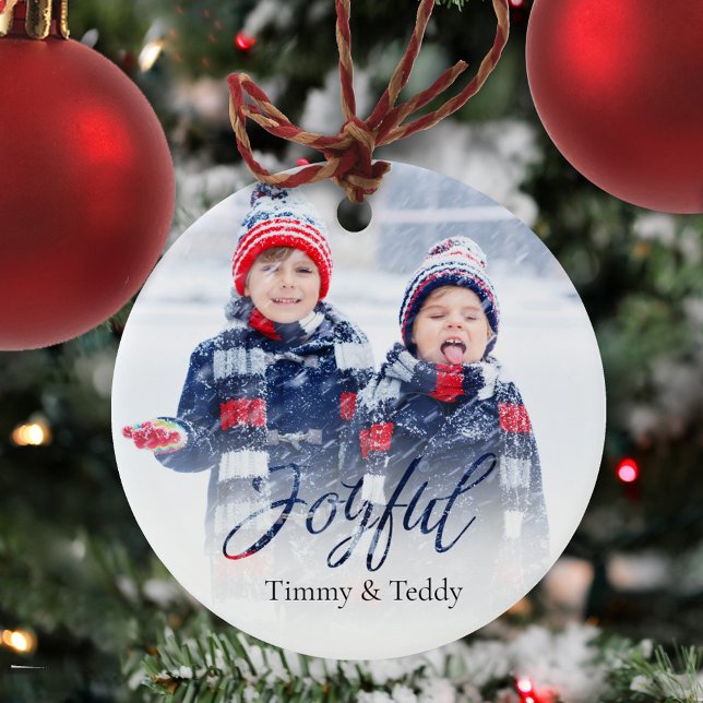 Christmas Photo Navy Blue Snowflake Joyful Script Ceramic Tree Decoration (Christmas photo ceramic circle ornament with a Joyful Calligraphy script. )