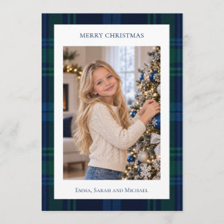 Christmas Photo on Tartan Navy Blue Green Plaid Holiday Card
