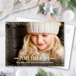 Christmas Photo Peace Love Joy Script Real Gold Foil Holiday Postcard