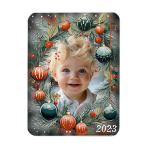 Christmas PHOTO Personalised Green Holiday Magnet