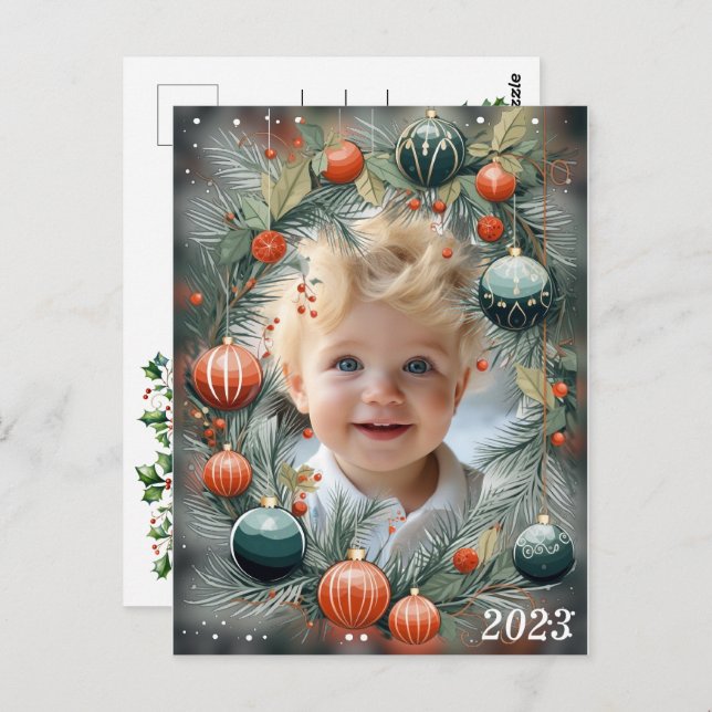 Christmas PHOTO Personalised Green Holiday  Postcard (Front/Back)