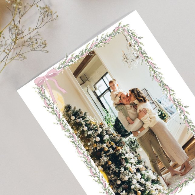 Christmas Photo Pink Bow Coquette Garland Holiday Postcard (Creator Uploaded)