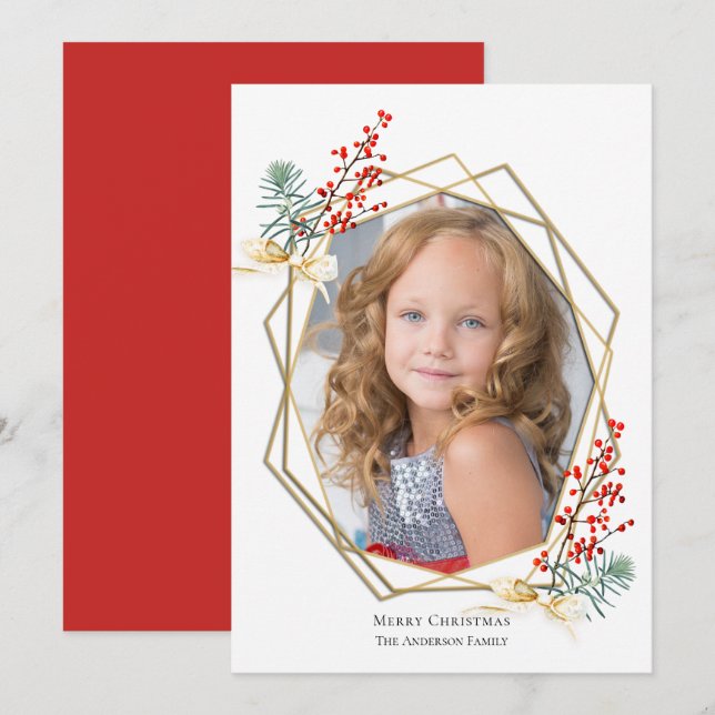 Christmas Photo Red Berries Gold Geometric Frame Holiday Card (Front/Back)