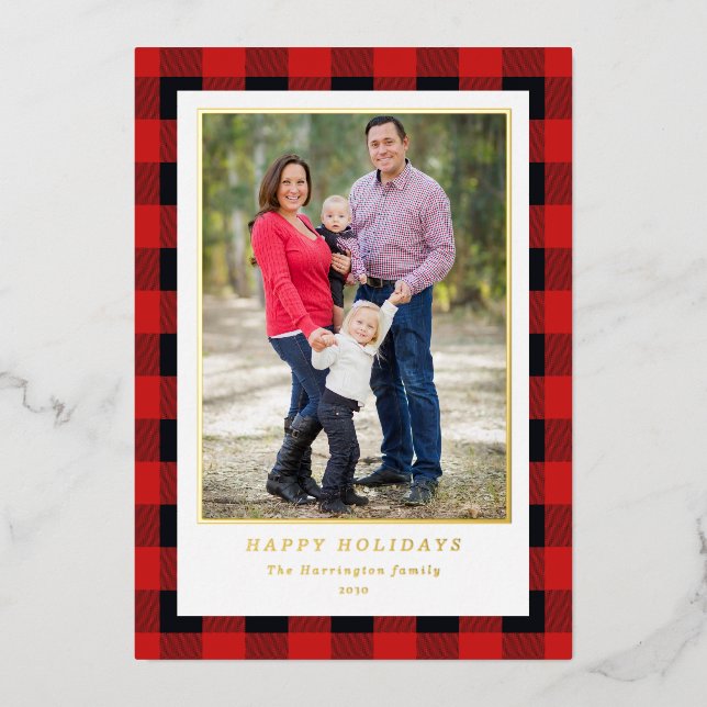 Christmas Photo Red Black Plaid Gold  Foil Holiday Card (Front)