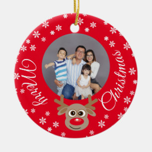 Christmas Photo Red Cute Reindeer White Script Ceramic Tree Decoration