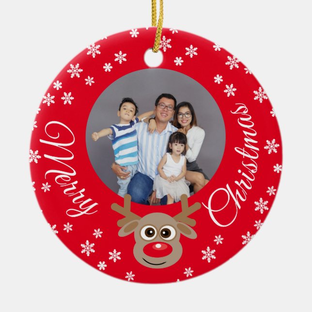 Christmas Photo Red Cute Reindeer White Script Ceramic Tree Decoration (Front)