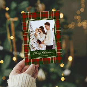 Christmas photo red green plaid pine bow elegant holiday card