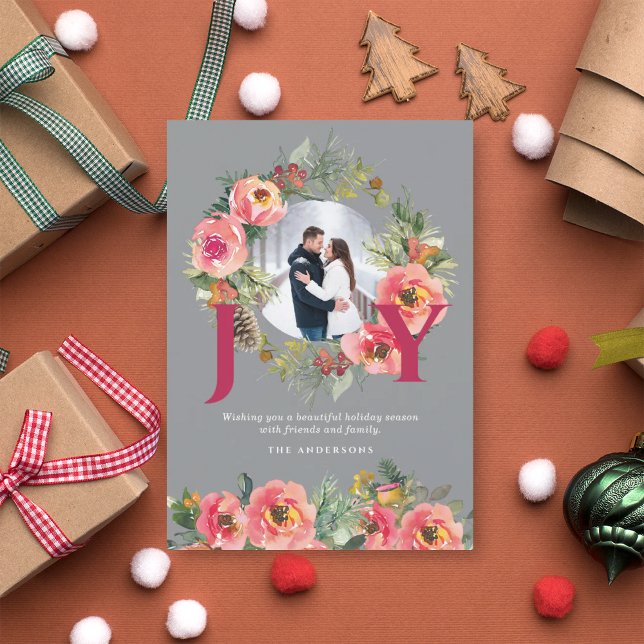 Christmas Photo Red Joy Floral Wreath Botanical  Holiday Card (Creator Uploaded)