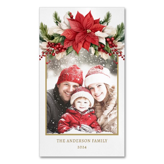 Christmas Photo Red Poinsettia Holiday Magnetic Business Card (Front Vertical)