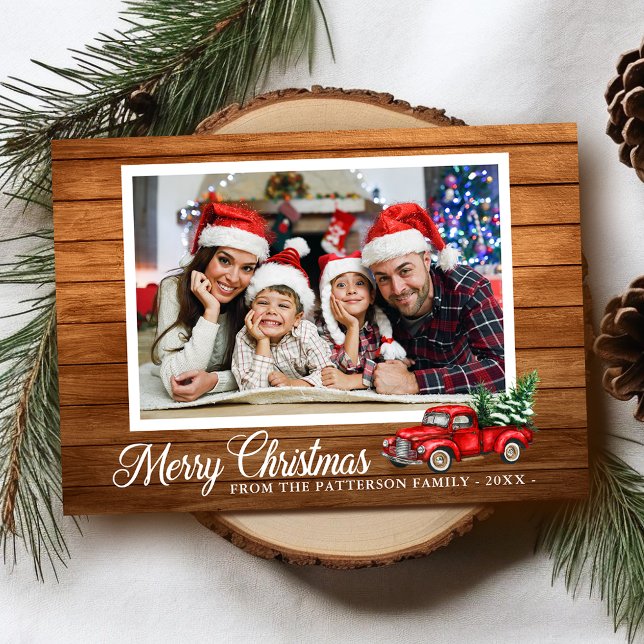 Christmas Photo Red Truck Rustic Wood Folded Holiday Card (Available in high quality print or digital download for quick text messaging, email or self print.)