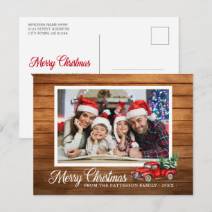 Christmas Photo Red Truck Rustic Wood Style Postcard