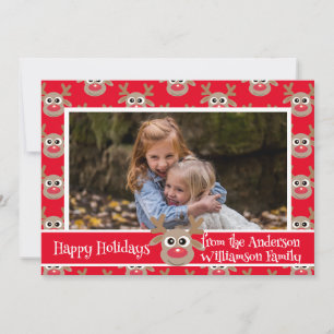 Christmas Photo Red White Cute Reindeer Pattern Holiday Card
