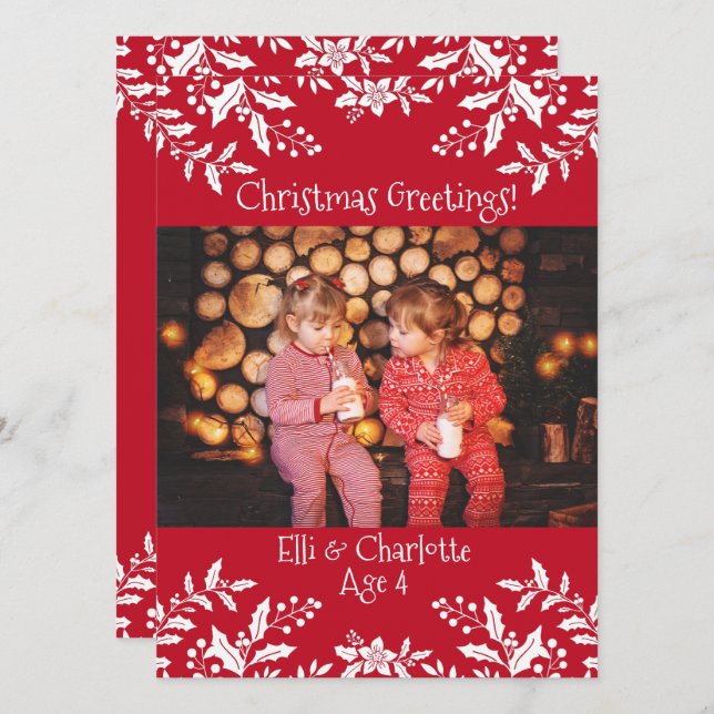 Christmas Photo Red, White Holly, Festive Card (Front/Back)